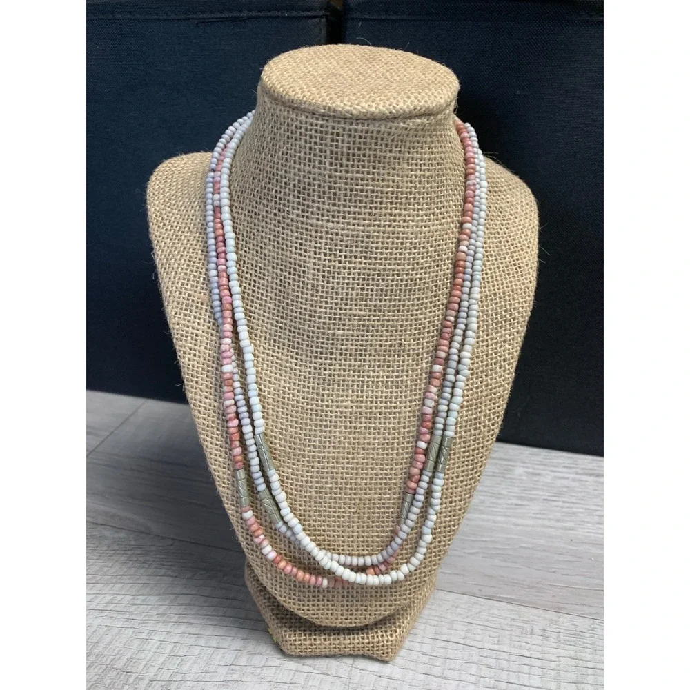 Vintage Multi Strand Seed Bead Necklace Pink White Lavender Boho Layered 20 Inch